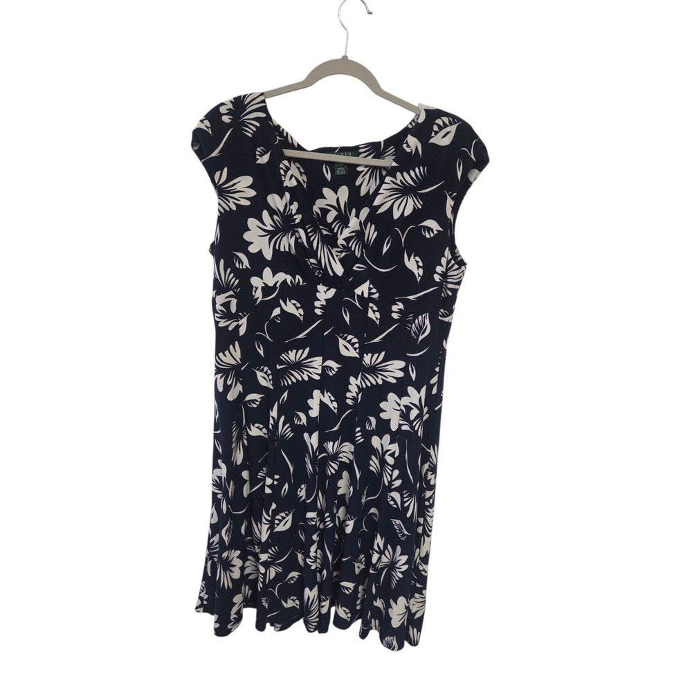 Lauren Ralph Lauren Navy Blue White Floral Cap Sleeve V-Neck Dress Size 16